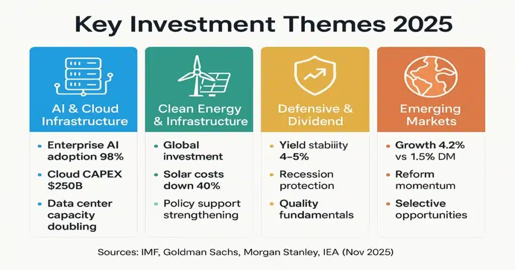Infographic showing sectors to watch in 2025 including AI and cloud infrastructure, clean energy systems, emerging markets, and defensive dividend stocks