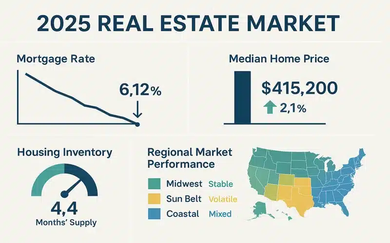 2025 real estate market trends showing mortgage rates, home prices, and inventory levels with data visualization