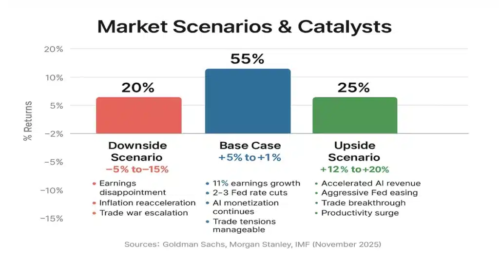 Chart visualizing valuation scenarios for 2025 showing base case 5-10% returns, upside scenario 12-20% gains, and downside case negative 5-15% returns with catalysts for each outcome
