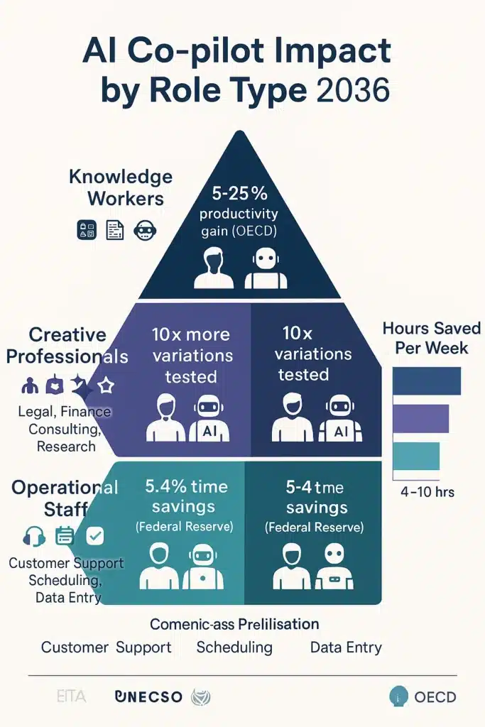 Three-tier diagram showing AI co-pilot applications across knowledge workers, creative professionals, and operational roles with productivity statistics