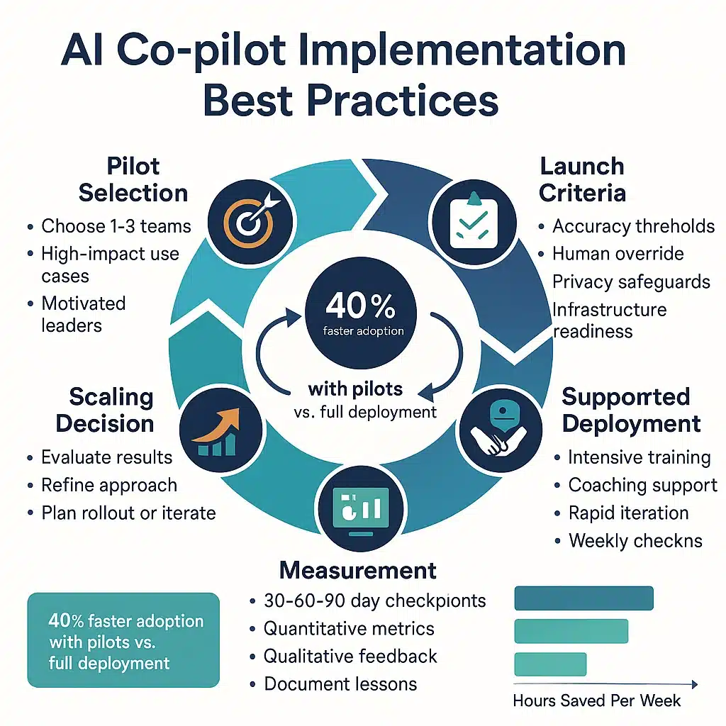 Framework diagram showing AI co-pilot implementation best practices including pilot programs, launch criteria, measurement, and scaling