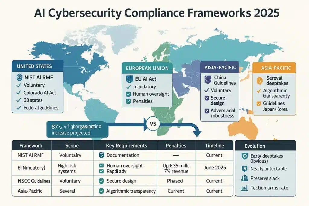 Comparison matrix of AI cybersecurity compliance frameworks including NIST AI RMF, EU AI Act, US state laws, and international standards