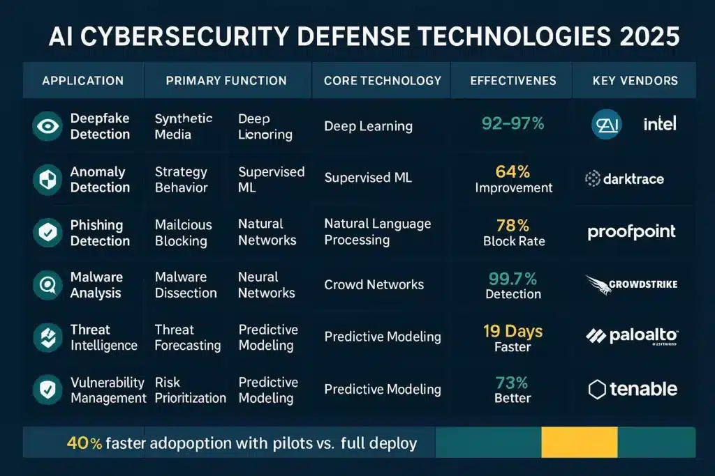 Matrix showing AI defense applications, technologies, effectiveness rates, and leading vendors in cybersecurity