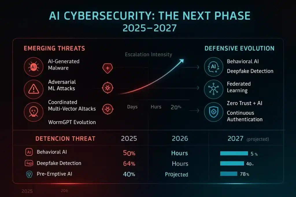 Timeline showing emerging AI cybersecurity threats and defensive innovations from 2025 through 2027