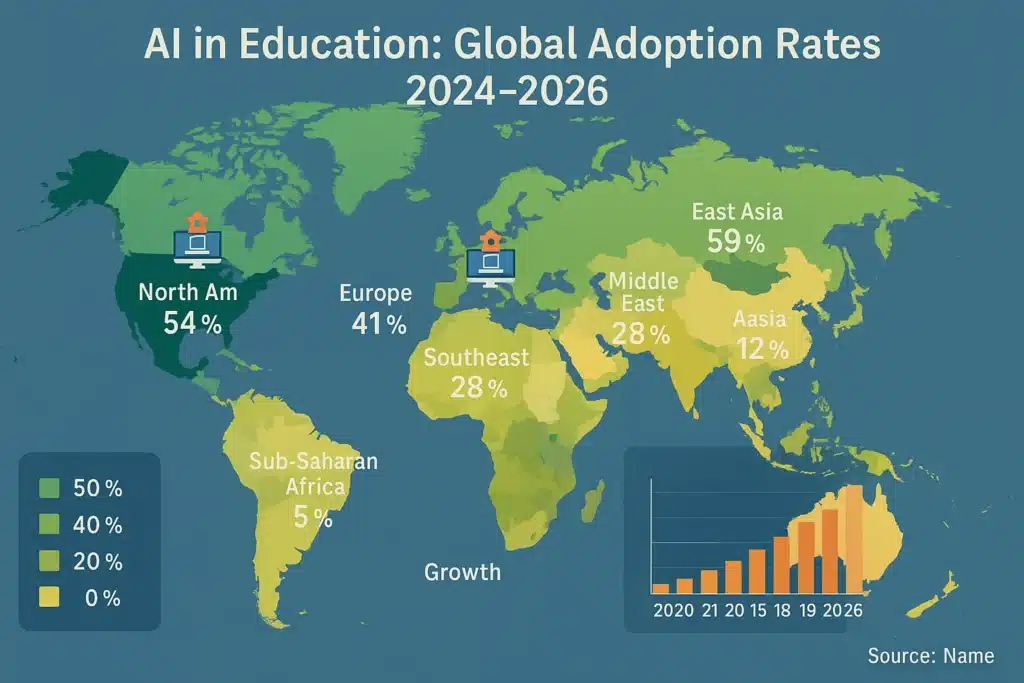 AI in Education 2026: How Smart Tutors Transform Personalized Learning - Sezarr Overseas News World map showing AI in education adoption rates by region from 2024 to projected 2026