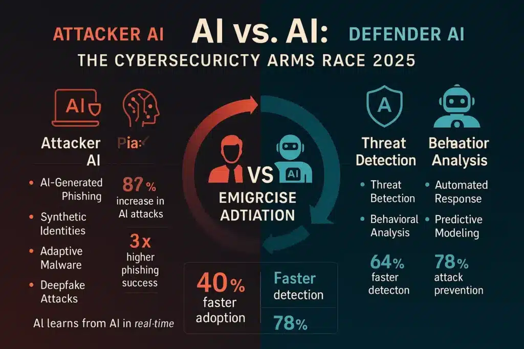 Diagram showing AI cybersecurity arms race with attacker AI tactics on left and defender AI countermeasures on right