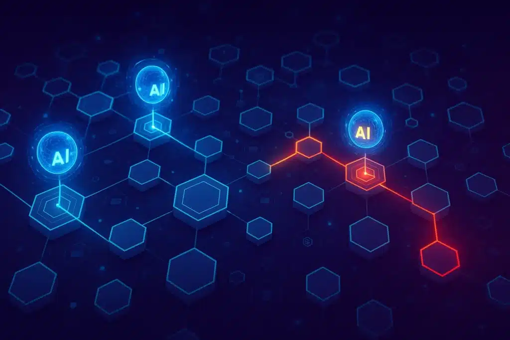 Futuristic blockchain network with interconnected hexagonal nodes showing AI surveillance in action, including blue normal transaction flows, amber suspicious activity, and red blocked fraud paths—illustrating AI-powered crypto oversight for RegTech and financial compliance.