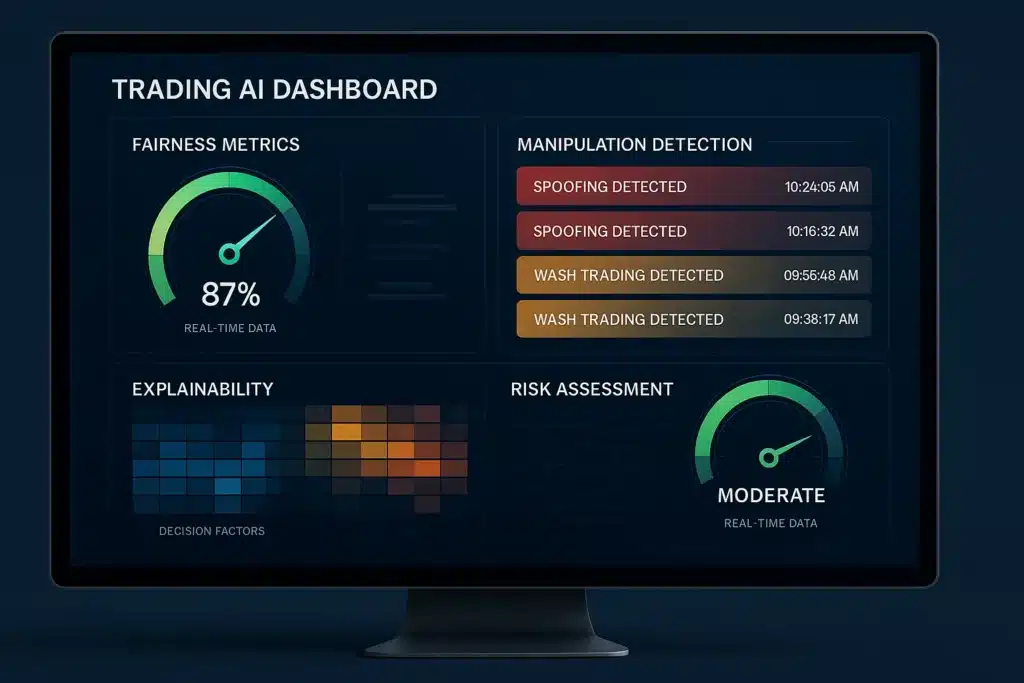 AI-powered trading dashboard showing real-time fairness metrics, manipulation detection alerts, explainability heat maps, risk assessment gauges, and audit trail monitoring—representing ethical trading AI and RegTech oversight in financial markets.