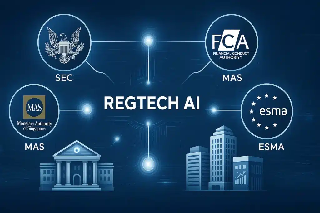 global RegTech AI ecosystem with SEC, FCA, MAS, and ESMA connected to banks and trading firms through AI compliance systems and real-time data monitoring networks.