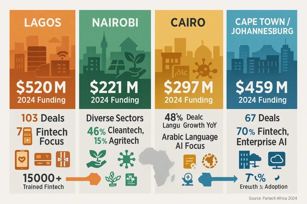Four-panel comparison of Africa's major AI startup hubs showing Lagos Nigeria with $520M funding and 72% fintech specialization in orange, Nairobi Kenya with $221M and 46% cleantech 15% agritech focus in green, Cairo Egypt with $297M and 48% deal growth focused on Arabic language AI in gold, and Cape Town Johannesburg South Africa with $459M and enterprise AI B2B focus in blue, each with distinctive icons and city skylines