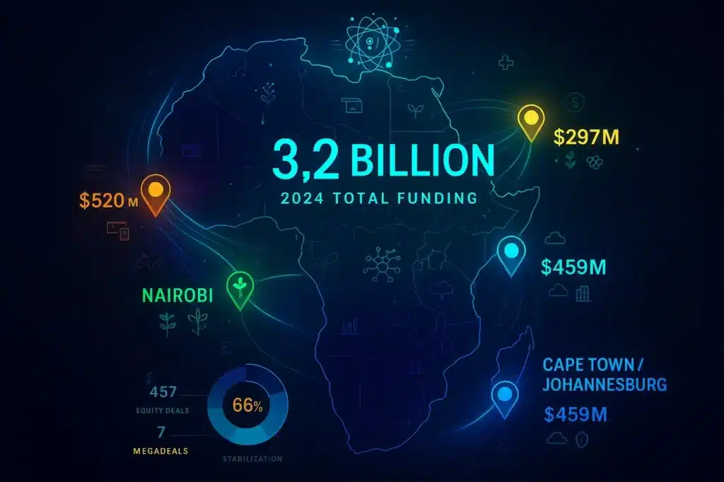 African continent map displaying four major AI startup innovation hubs Lagos Nigeria, Nairobi Kenya, Cairo Egypt, and Cape Town Johannesburg South Africa connected by glowing cyan and purple network lines representing data flow, with prominent $3.2 billion 2024 total funding visualization in holographic text, individual hub funding amounts, and floating sector icons for fintech, healthcare, agriculture, and technology against futuristic dark blue background