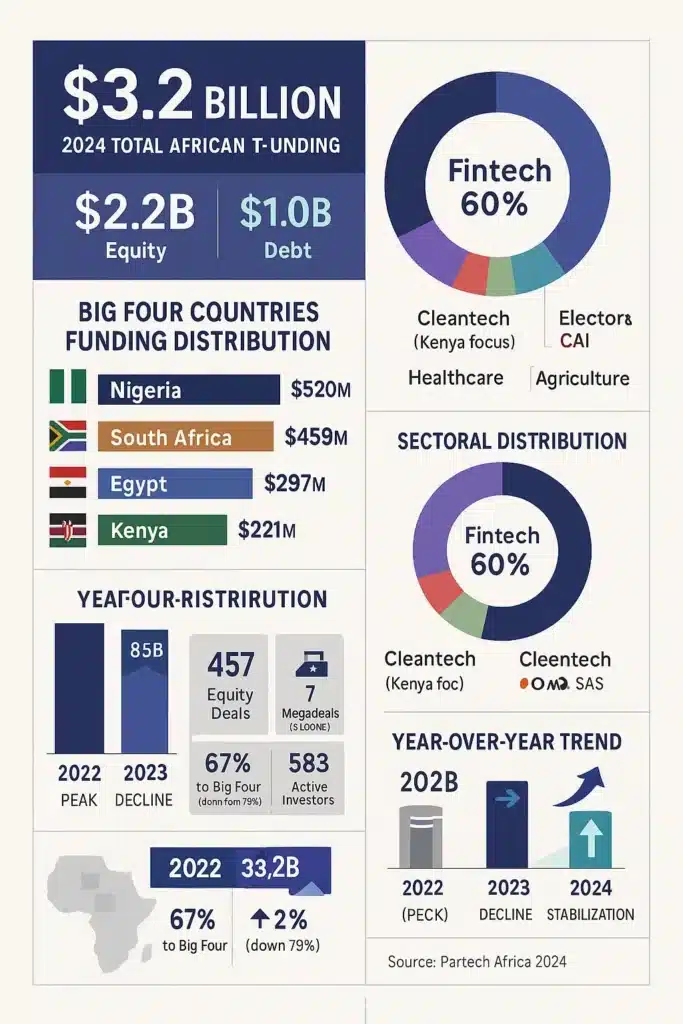 Comprehensive 2024 African startup funding infographic showing $3.2 billion total split between $2.2B equity and $1.0B debt, horizontal bar chart of Big Four countries with Nigeria leading at $520M followed by South Africa $459M Egypt $297M and Kenya $221M, donut chart showing fintech dominance at 60% of equity funding, and year-over-year trend line from 2022 peak $6.5B through 2023 correction $3.5B to 2024 stabilization $3.2B with key statistics including 457 equity deals and 7 megadeals