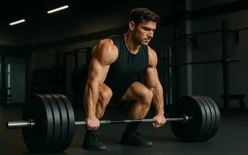 Demonstration of major compound exercises including squat, deadlift, and bench press with proper form