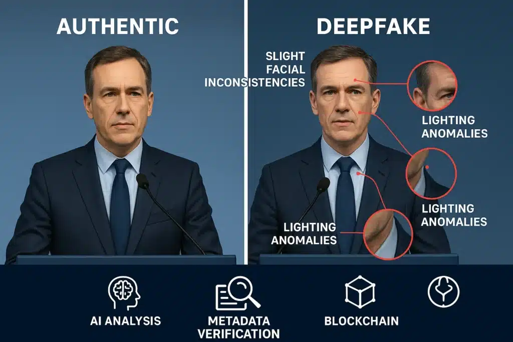 Comparison illustration showing authentic media versus deepfake with detection indicators and verification technologies
