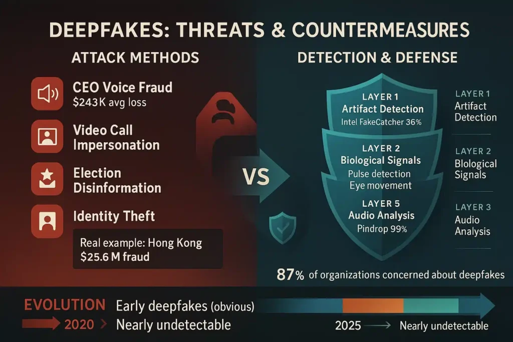 Infographic showing deepfake attack methods on left and detection countermeasures on right with effectiveness rates