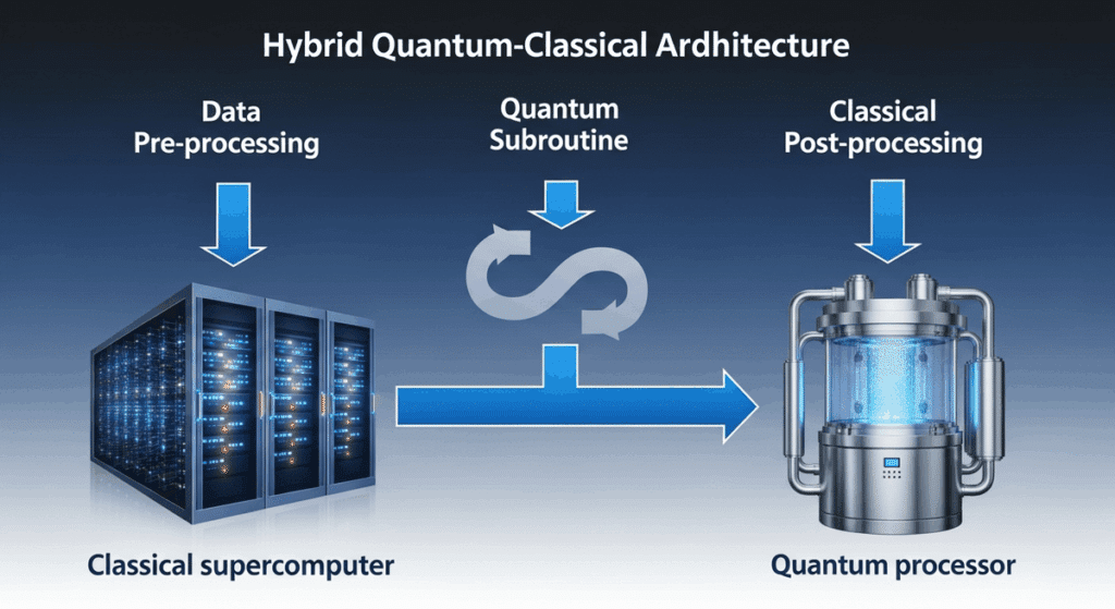 Diagram of hybrid quantum-classical system architecture with data processing workflow.