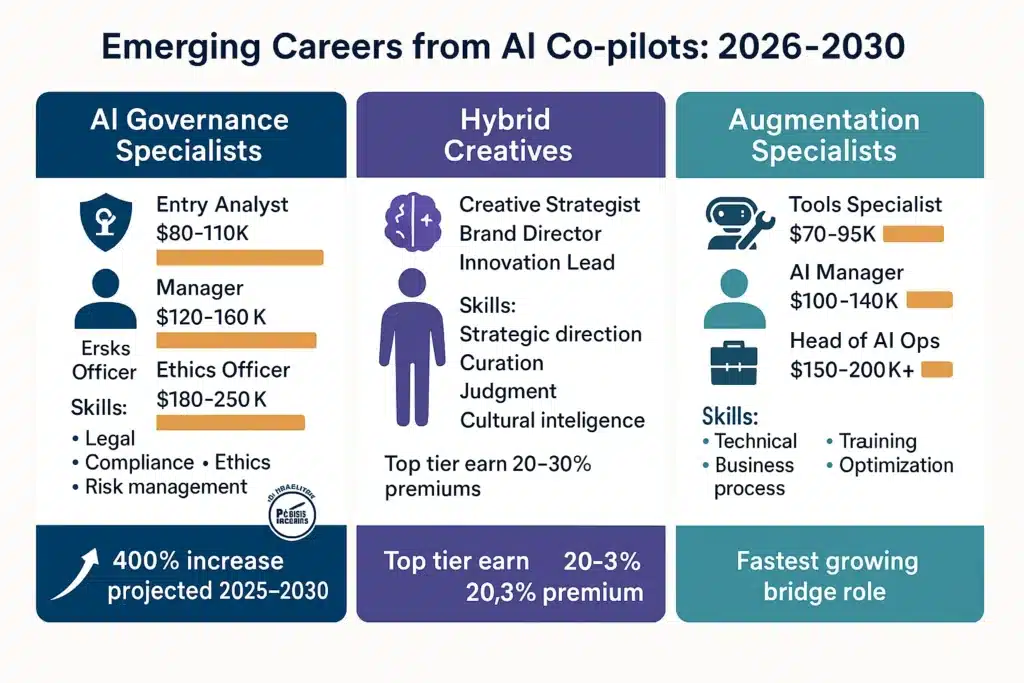 Visualization showing three emerging job categories from AI co-pilots: governance specialists, hybrid creatives, and augmentation specialists with salary ranges and growth projections