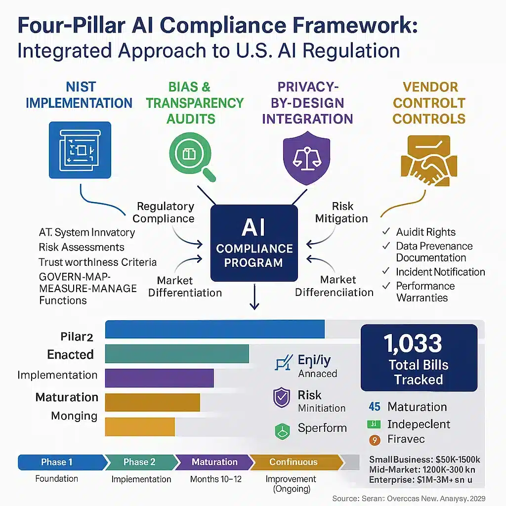 Four-pillar AI compliance framework diagram showing Pillar 1 NIST RMF Implementation with AI inventory risk assessment and GOVERN MAP MEASURE MANAGE functions in blue, Pillar 2 Bias and Transparency Audits with annual audits demographic analysis and public disclosure in green, Pillar 3 Privacy-by-Design Integration with data minimization consent management and differential privacy in purple, Pillar 4 Vendor Contract Controls with audit rights data provenance and indemnification clauses in orange, connected by arrows showing integrated approach with implementation timeline phases and cost ranges for small business mid-market and enterprise organizations