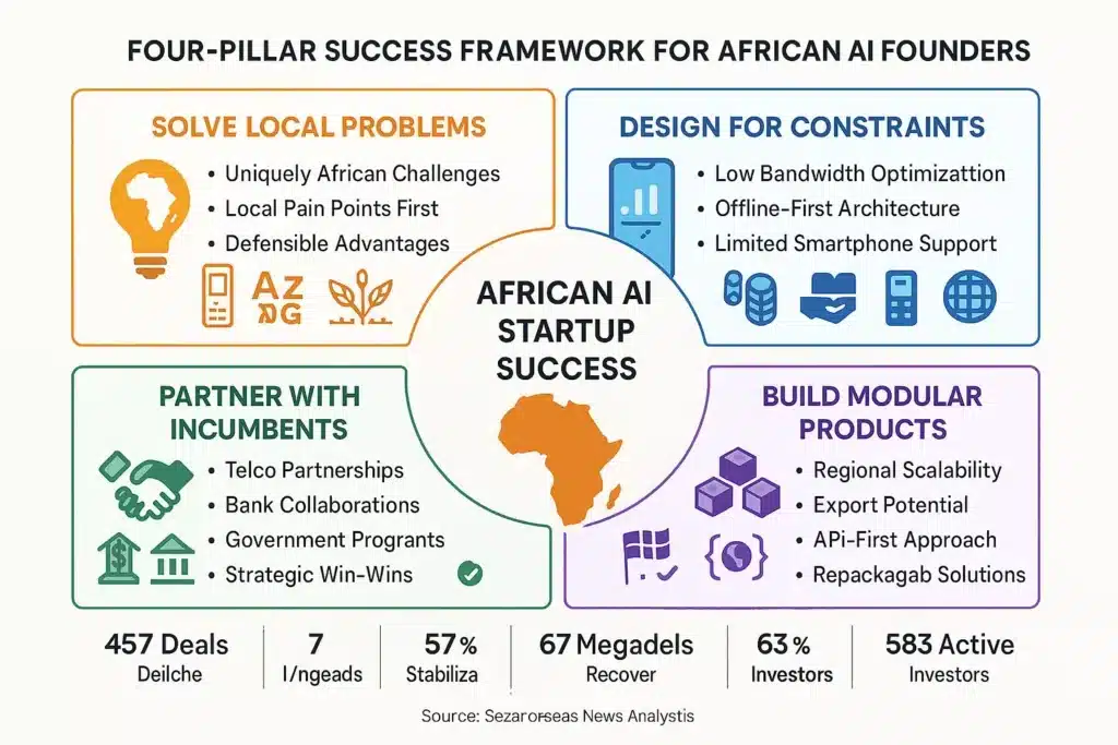 Four-pillar success framework diagram for African AI startup founders showing Pillar 1 Solve Local Problems with light bulb and African continent emphasizing uniquely African challenges in orange, Pillar 2 Design for Constraints with mobile phone showing low bandwidth optimization and offline-first architecture in blue, Pillar 3 Partner with Incumbents with handshake icon highlighting telco bank and government collaborations in green, Pillar 4 Build Modular Products with building blocks showing regional scalability and API-first approach in purple, all connected around central African AI startup success concept