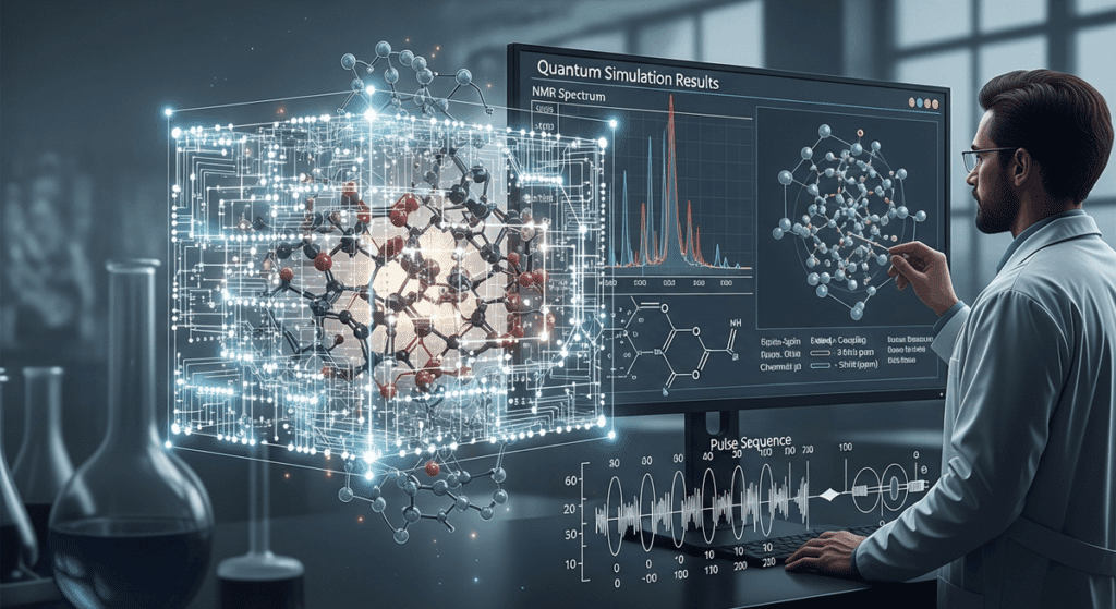 Illustration of quantum-enhanced molecular simulation with scientific analysis.