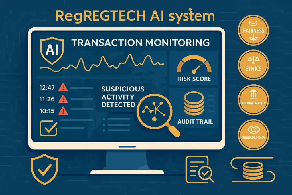 RegTech AI system illustration showing automated compliance monitoring, transaction analysis, and risk detection with FEAT principles framework