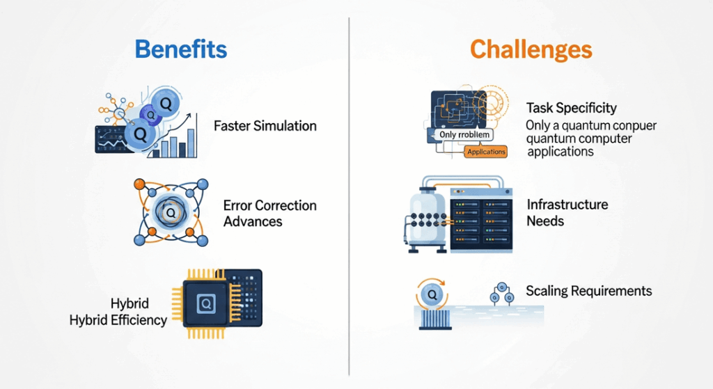 Split infographic showing benefits and challenges of quantum computing advances in 2025.