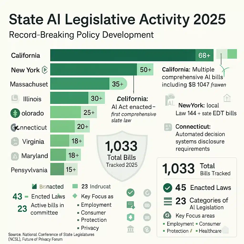Horizontal bar chart ranking U.S. states by number of AI bills in 2025 with California leading at 68 plus bills followed by New York 50 plus and Massachusetts 40 plus, color-coded by legislation status showing enacted laws in dark green including Colorado comprehensive AI Act, passed bills in medium green, active committee bills in light green, showing 1033 total bills tracked across all states with 45 enacted laws focusing on employment consumer protection privacy healthcare and criminal justice application