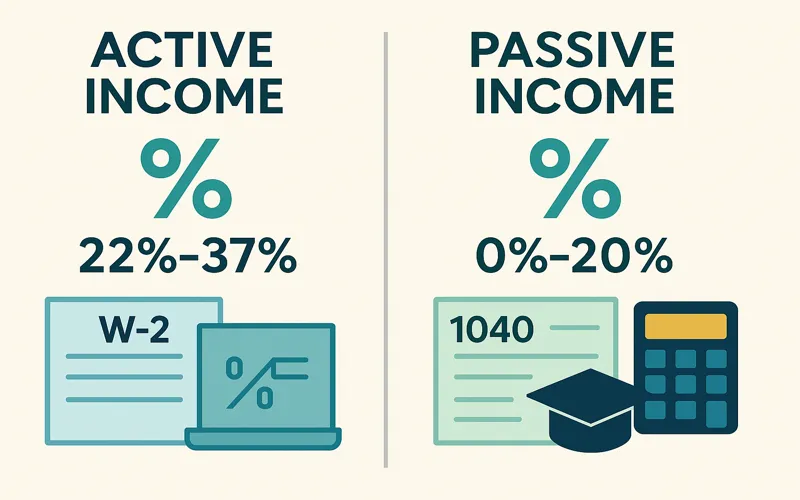 Tax comparison showing favorable passive income tax treatment versus active income rates in 2025