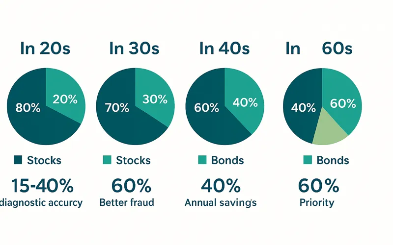 Age-based asset allocation strategy showing recommended stock and bond percentages by decade