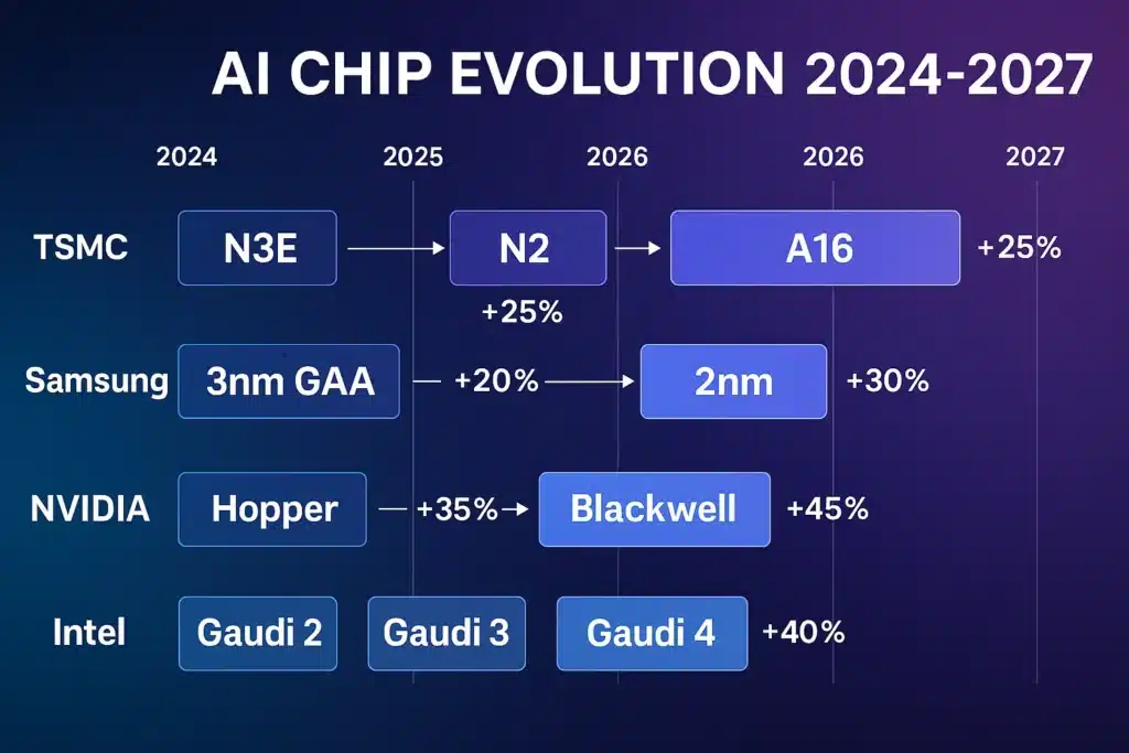 Technology roadmap infographic showing TSMC, Samsung, NVIDIA and Intel chip development timeline from 2024 to 2027