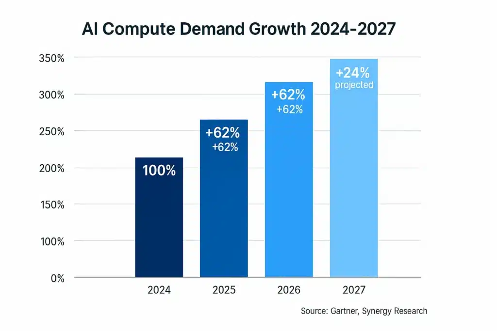 Bar chart showing AI compute demand growth from 2024 to 2027 with 62% year-over-year increase