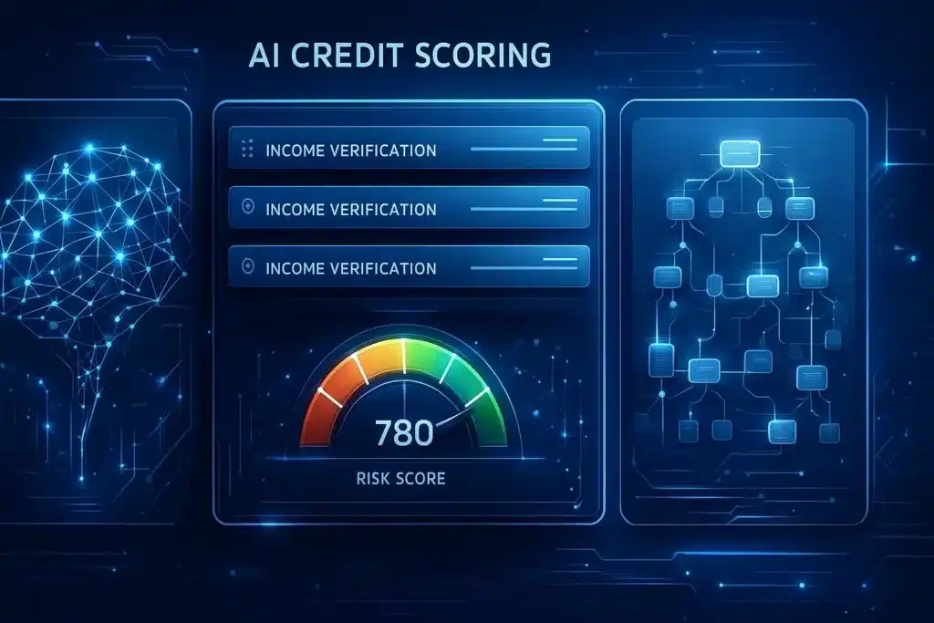 AI credit scoring engine analyzing financial behavior and risk patterns
