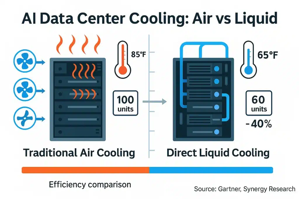 Technical diagram comparing liquid cooling versus air cooling efficiency in AI data centers