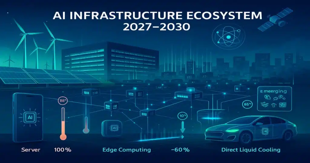 Futuristic concept visualization of AI infrastructure ecosystem in 2027-2030 showing integrated edge, cloud, and quantum computing