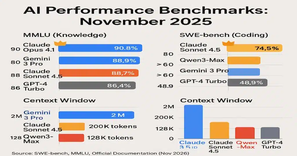 TL;DR — The ChatGPT Alternatives Landscape Just Changed (November 2025) - Sezarr Overseas News AI chatbot benchmark comparison chart 2025: Claude Sonnet 4.5 leads coding at 74.5% SWE-bench, Claude Opus 4.1 leads reasoning at 90.8% MMLU, Gemini 3 offers 2M context window