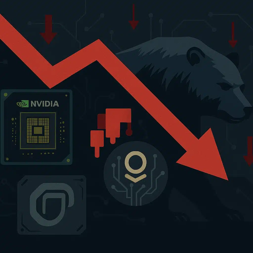 Illustration showing correlation between AI stock bubble concerns and Bitcoin cryptocurrency crash with Michael Burry bearish positions on Nvidia and Palantir
