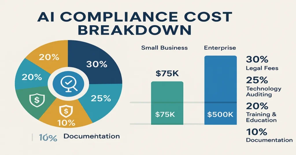 Business compliance cost visualization showing AI regulation impact across different company sizes with breakdown by legal, technology, training, and insurance expenses