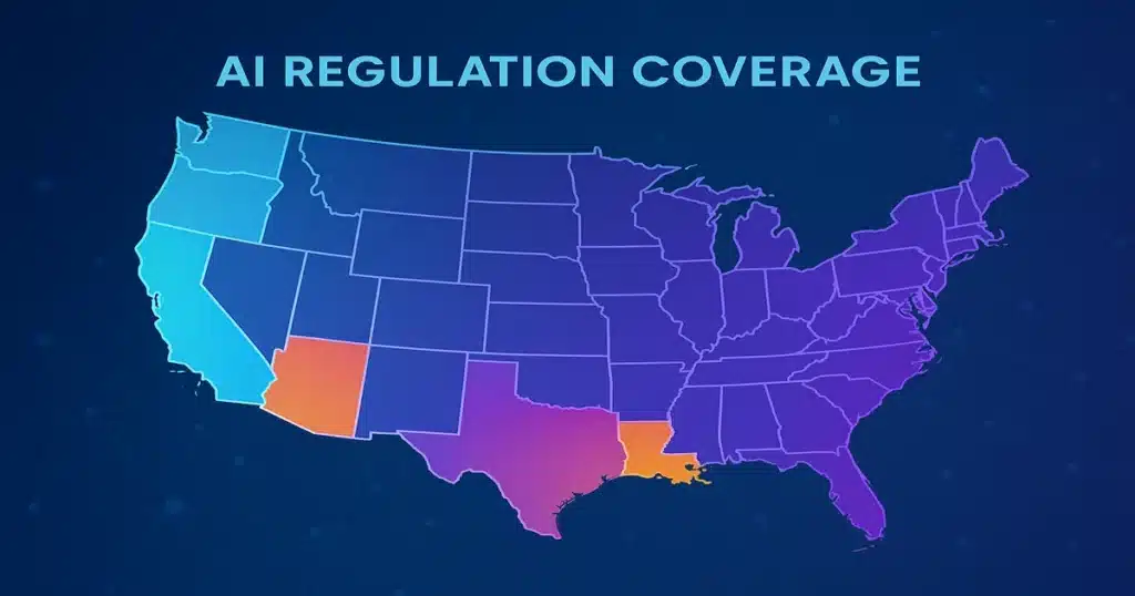 US map visualization showing state AI regulations with different colored regions representing varying compliance requirements across 38 states