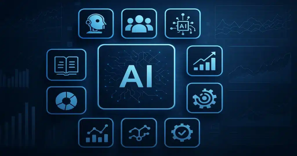 Visual representation of top AI tools 2025 with interconnected systems and data analytics