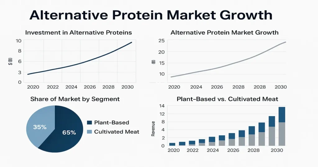 Alternative protein market growth statistics and financial data charts showing investment trends and market analysis for 2025