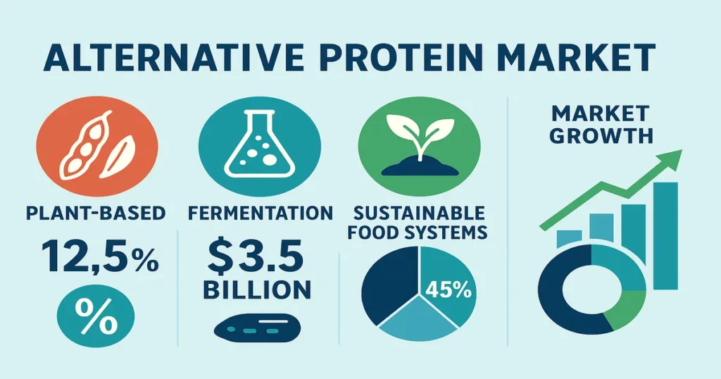 Alternative protein market analysis showing plant-based meat alternatives and sustainable food technology trends in 2025
