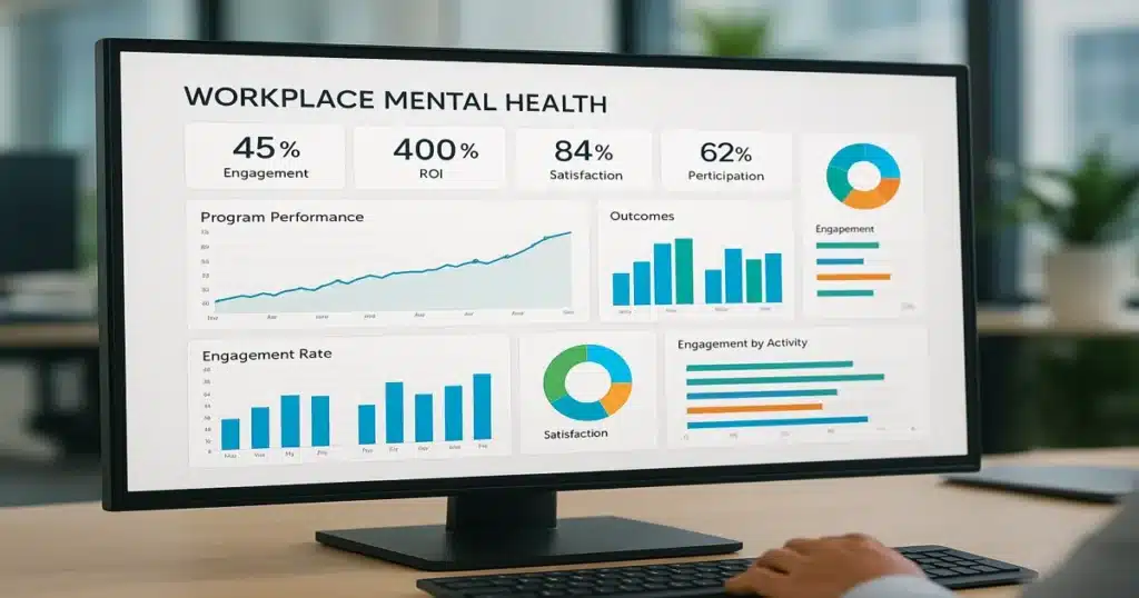 Analytics dashboard showing workplace mental health metrics, ROI data, and employee wellbeing indicators