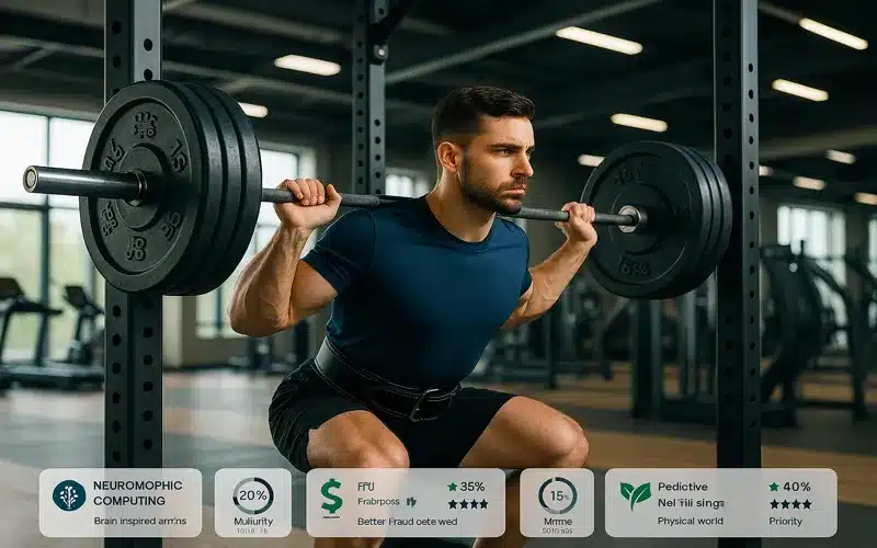 Intermediate athlete performing barbell squats with proper form demonstrating progressive overload principle