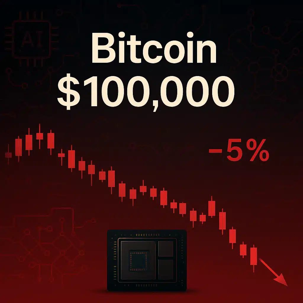 Bitcoin price chart crashes below $100,000 psychological threshold on November 4, 2025, amid AI stock fears and record institutional outflows