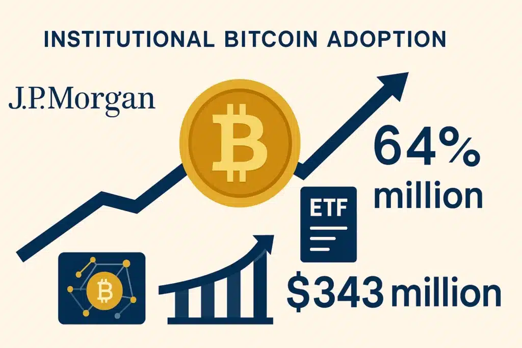 JPMorgan Bitcoin ETF holdings infographic showing 64% increase to $343 million and $170,000 price prediction by analyst Nikolaos Panigirtzoglou