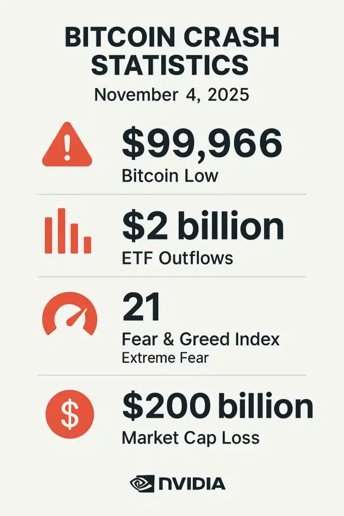 Bitcoin market snapshot infographic November 4 2025 showing key crash statistics including $99,966 low, $2 billion ETF outflows, and extreme fear sentiment