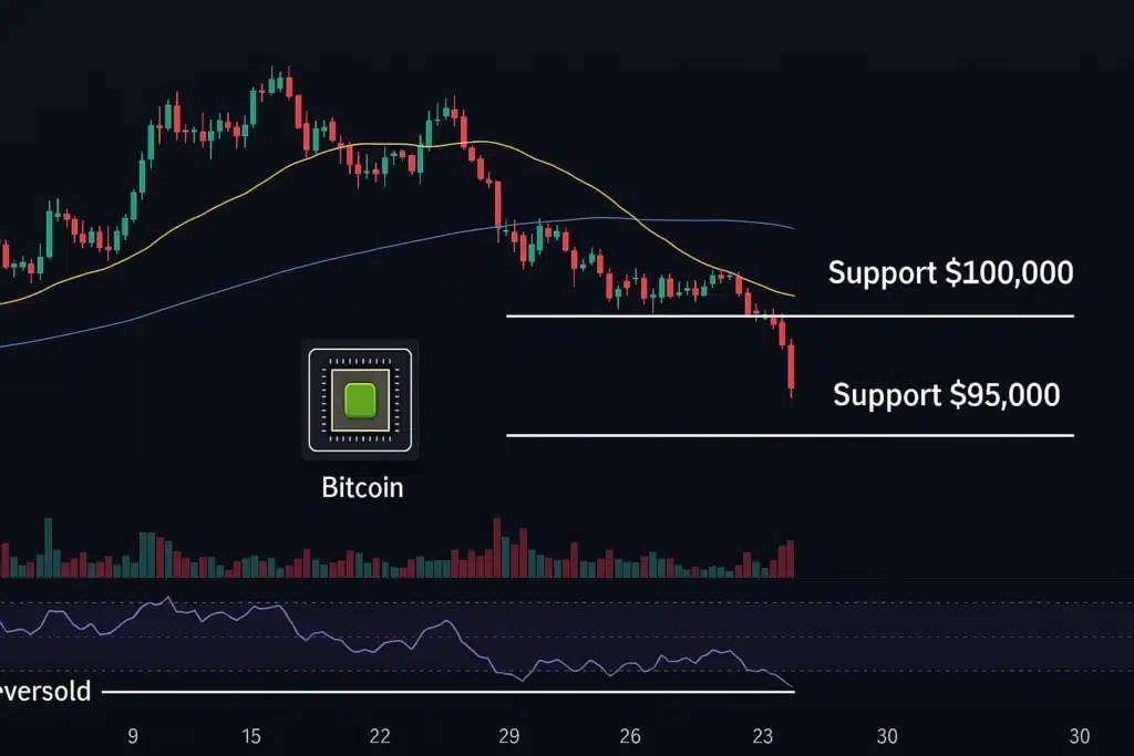 Bitcoin technical analysis chart November 2025 showing critical support levels at $95,000 and $100,000 with moving averages and RSI indicators