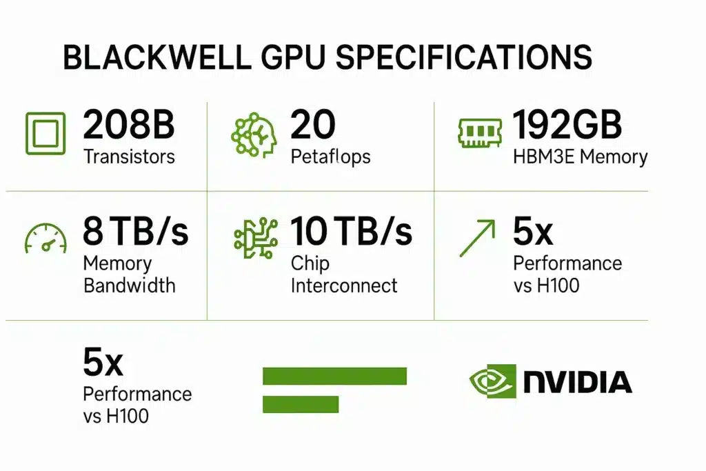 Nvidia Blackwell GPU technical specifications infographic displaying 208 billion transistors, 20 petaflops AI performance capability, 192GB HBM3E memory configuration, and 10TB per second chip-to-chip interconnect speed