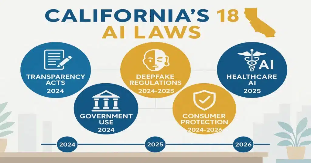 Infographic showing California's 18 AI laws covering transparency, deepfakes, healthcare, government use, and consumer protection with implementation timeline