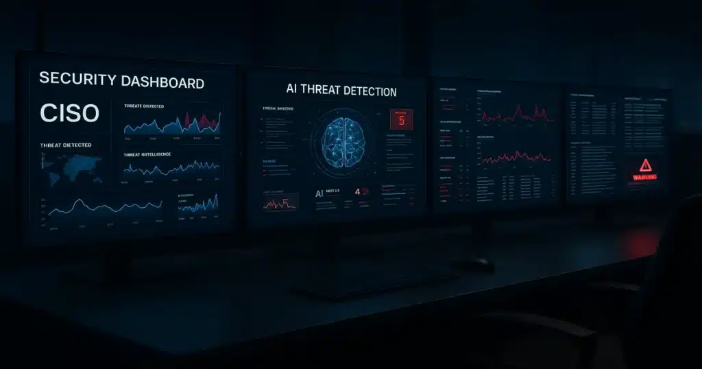 CISO cybersecurity dashboard displaying AI threat intelligence and real-time security monitoring systems